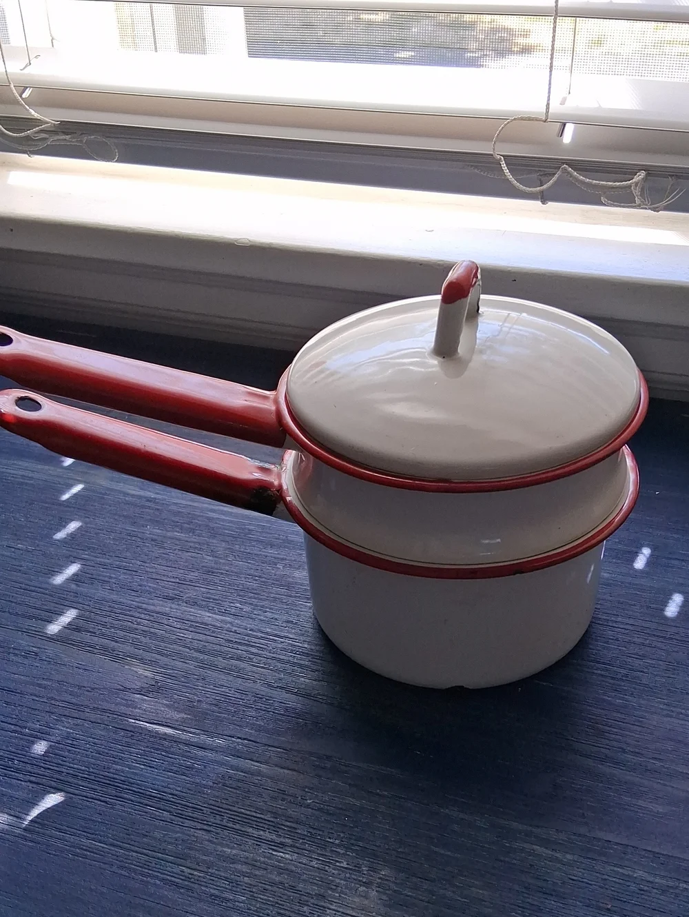 Vintage White Enamel Double Boiler with Red Trim and Handles